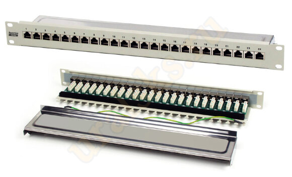Hyperline PP-19-24-8P8C-C5e-SH-110D Патч-панель 19", 1U, 24 порта RJ-45 полн. экран., категория 5e, Dual IDC
