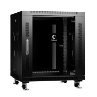 Шкаф монтажный телекоммуникационный 19" напольный для распределительного и серверного оборудования 12U 600x600x730mm (ШхГхВ) передняя стеклянная и задняя сплошная металлическая двери, ручка с замком, цвет черный (RAL 9004)