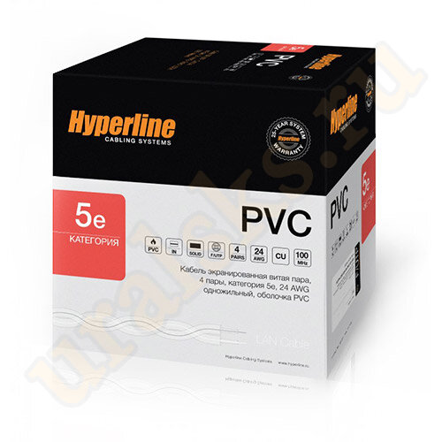 Hyperline FUTP4-C5E-S24-IN-PVC-GY-305 (305 м) Кабель витая пара, экранированная F/UTP, категория 5e, 4 пары (24 AWG), одножильный (solid), экран - фольга, PVC, –20°C – +75°C, серый