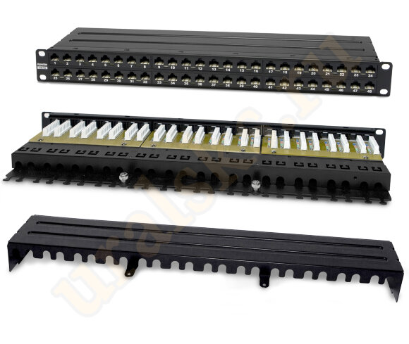 Hyperline PPHD-19-48-8P8C-C6A-110D Патч-панель высокой плотности 19", 1U, 48 портов RJ-45, неэкранированная, категория 6A, Dual IDC