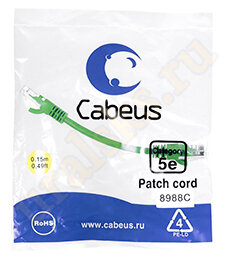 Cabeus PC-UTP-RJ45-Cat.5e-0.15m-GN-LSZH Патч-корд UTP, категория 5e, 0.15 м, LSZH, неэкранированный, зеленый