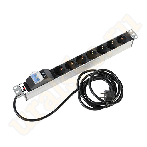 Блок розеток 19" R-16-7S-A-440-3 с авт. 16А, 7 Schuko, алюм., 19", шнур 3 м