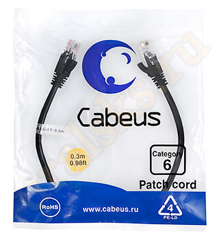 Cabeus PC-UTP-RJ45-Cat.6-0.3m-BK Патч-корд UTP, категория 6, 0.3 м, неэкранированный, черный
