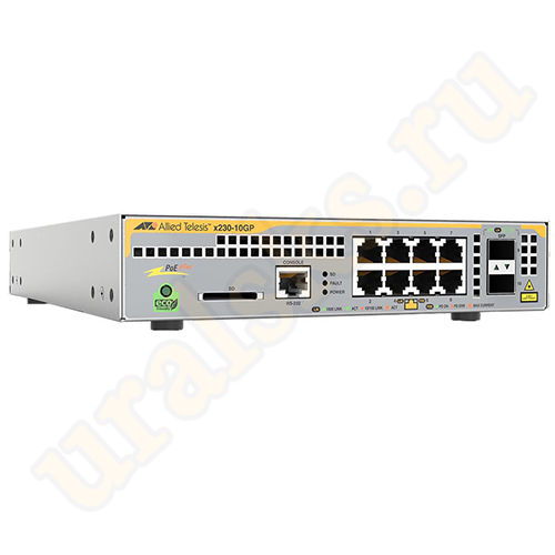 AT-x230-10GP-50 Коммутатор L2+ managed switch, 8 x 10/100/1000Mbps POE+ ports, 2 x SFP uplink slots, 1 Fixed AC power supply