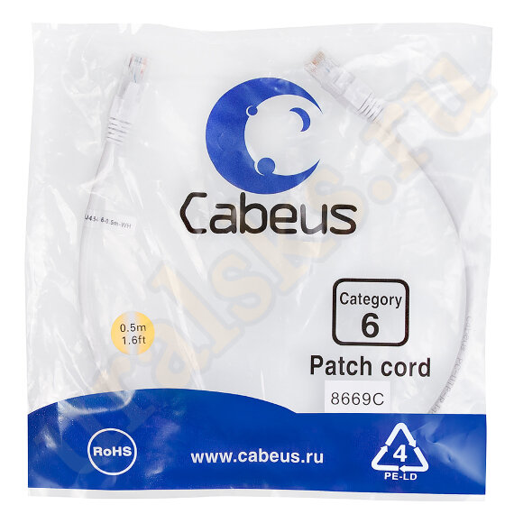 Cabeus PC-UTP-RJ45-Cat.6-0.5m-WH Патч-корд UTP, категория 6, 0.5 м, неэкранированный, белый