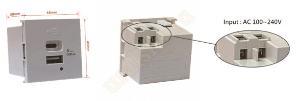 LAN-EZ45x45-2UCA/4.2-WH Модуль USB-зарядки, 1 порт USB-C + 1 порт USB-A, 4.2A/5V, 45x45, белый