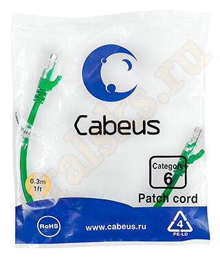 Cabeus PC-UTP-RJ45-Cat.6-0.3m-GN Патч-корд UTP, категория 6, 0.3 м, неэкранированный, зеленый