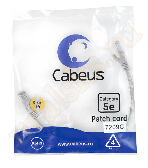 Cabeus PC-UTP-RJ45-Cat.5e-0.3m Патч-корд UTP, категория 5e, 0.3 м, неэкранированный, серый