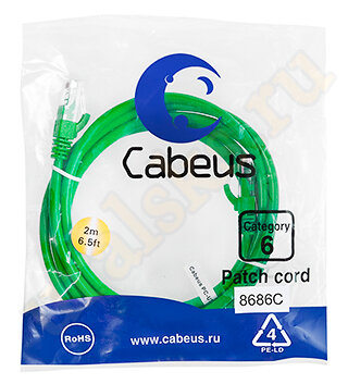 Cabeus PC-UTP-RJ45-Cat.6-2m-GN Патч-корд UTP, категория 6, 2 м, неэкранированный, зеленый