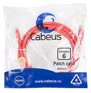 Cabeus PC-UTP-RJ45-Cat.6-3m-RD Патч-корд UTP, категория 6, 3 м, неэкранированный, красный