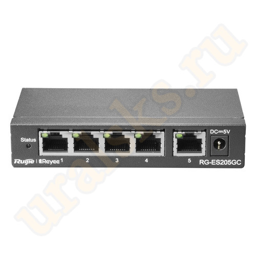 Настраиваемый коммутатор Ruijie RG-ES205GC уровня Layer 2 со скоростью коммутации 10Гб/с, таблица MAC-адресов составляет 2K, содержит 5 портов 1 Гб/с RJ-45