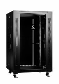 Шкаф телекоммуникационный 19" напольный 18U 600x600x988mm (ШхГхВ) передняя стеклянная и задняя сплошная металлическая двери, ручка с замком, цвет черный (RAL 9004) Cabeus