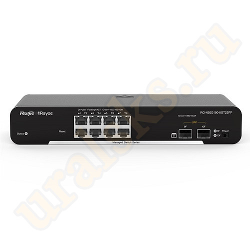 Настраиваемый коммутатор Ruijie RG-NBS3100-8GT2SFP уровня Layer 2 со скоростью коммутации 192Гб/с, таблица MAC-адресов составляет 8K, содержит 8 портов 1 Гб/с RJ-45, оснащен 2 слотами SFP 1 Гб/с