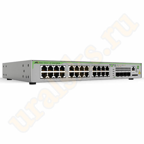 AT-GS970M/28-50 Коммутатор 24 x 10/100/1000T ports and 4 x SFP uplink slots (100/1000X SFP), Fixed one AC power supply, EU Power Cord