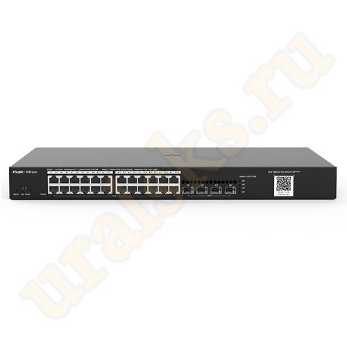 Настраиваемый коммутатор Ruijie RG-NBS3100-24GT4SFP-P уровня Layer 2 со скоростью коммутации 336Гб/с, таблица MAC-адресов составляет 8K, содержит 24 порта 1 Гб/с RJ-45, оснащен 4 слотами SFP 1 Гб/с