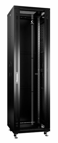 Шкаф телекоммуникационный 19" напольный 42U 600x600x2055mm (ШхГхВ) передняя стеклянная и задняя сплошная металлическая двери, ручка с замком, цвет черный (RAL 9004) Cabeus