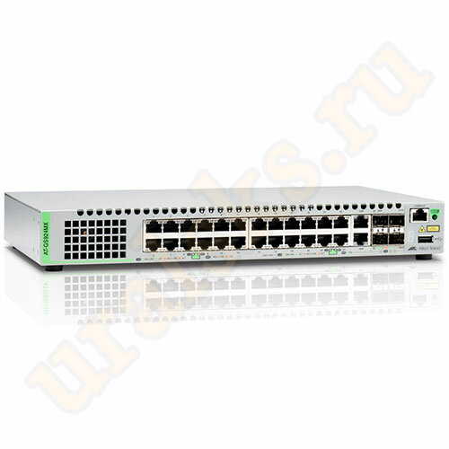 AT-GS924MX-50 Коммутатор Gigabit Ethernet Managed switch with 24 ports 10/100/1000T Mbps, 2 SFP/Copper combo ports, 2 SFP/SFP+ uplink slots, single fixed AC power supply