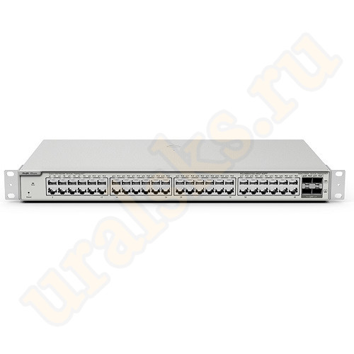 Настраиваемый коммутатор Ruijie RG-NBS5100-48GT4SFP уровня Layer 2 Plus со скоростью коммутации 104Гб/с, таблица MAC-адресов составляет 16K, содержит 48 портов 1 Гб/с RJ-45, оснащен 4 слотами SFP 1 Гб/с