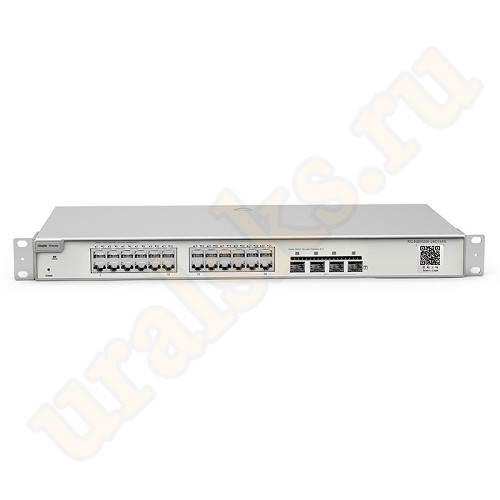 Настраиваемый коммутатор Ruijie RG-NBS5200-24GT4XS уровня Layer 2 Plus со скоростью коммутации 128Гб/с, таблица MAC-адресов составляет 16K, содержит 24 порта 1 Гб/с RJ-45, оснащен 4 слотами SFP+ 10 Гб/с