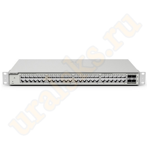 Настраиваемый коммутатор Ruijie RG-NBS5200-48GT4XS уровня Layer 2 Plus со скоростью коммутации 216Гб/с, таблица MAC-адресов составляет 16K, содержит 48 портов 1 Гб/с RJ-45, оснащен 4 слотами SFP+ 10 Гб/с