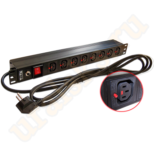 TWT-PDU-10A8C3L-3.0 Блок розеток 19" 8 шт. C13 с фиксатором вилки, 10A 250V, шнур питания 3.0 м