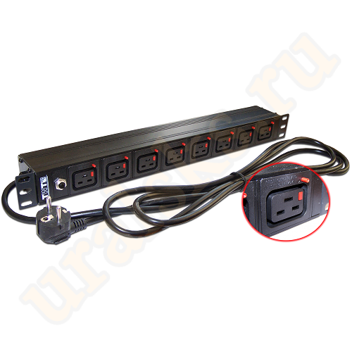 TWT-PDU-16A8C9L-3.0 Блок розеток 19" 8 шт. C19 с фиксатором вилки, 16A 250V, шнур питания 3.0 м